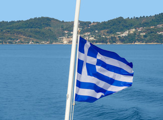 Poster - coastal scenery with greece flag