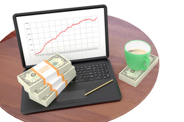 Raise of profit and success in the business. A laptop with wads of dollar banknotes and a cup of coffee on the desk. 3D illustration