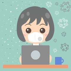 Cute flat cartoon female employee wearing a medical mask working with the computer . There is dust and germs in the air. Vector illustration about life in the city surrounded by pollution.