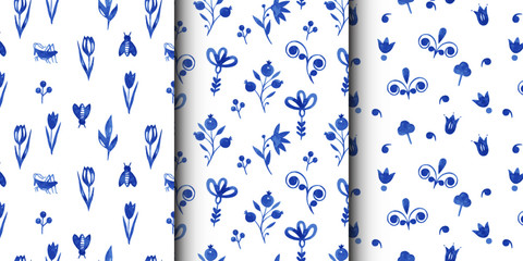 Set of watercolor seamless patterns with dutch decorative elements. Holland, Netherlands, northern ornaments