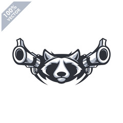  Raccoon head with two gun, tactical team, Airsoft gun or Paintball club logo. Design element for company logo, label, emblem, apparel or other merchandise. Scalable and editable Vector illustration