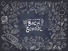 Back To School Banner. Doodles Icons Of Education, Science Objects, Office Supplies And Lettering Back To School On Chalckboard. Vector Illustration.