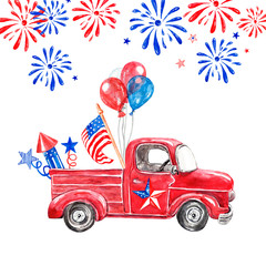 Wall Mural - Watercolor hand painted patriotic vintage truck with US flags, red, white and blue balloons. Decorative banner with symbols of 4th of July. Fireworks and salutes holiday card. cartoon illustration