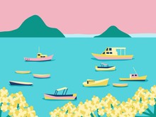 Sea Sail Poster With Various Boats And Yachts On The Seaside. Beach Blue Coast View With Mountains. Retro Vintage Poster. Vector