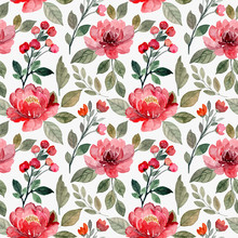 Watercolor Red Flower Seamless Pattern With Green Leaves