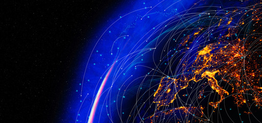 Poster - Photo of Communication technology for internet business. Global world network and telecommunication on earth and IoT. Elements of this image furnished by NASA
