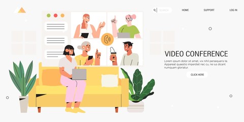 Poster - Video conference call landing page or banner. Woman talk with taking with colleague or team members on screen. Videoconferencing, online meeting workspace or platform and freelance vector concept.
