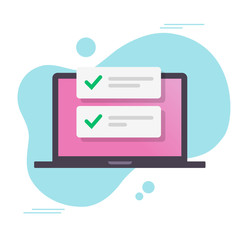 Fototapete - Laptop computer with checkmark or tick completed notifications vector flat cartoon icon, idea of done task list or approved update checklist isolated image