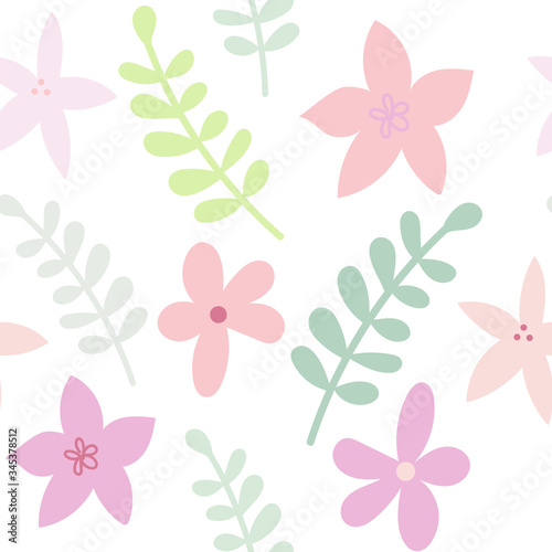 Flat drawn floral seamless color pattern in pastel colors. Cute flowers and b...