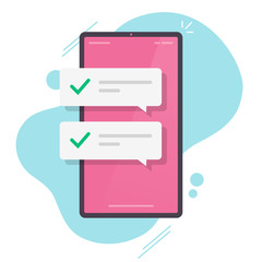 Fototapete - Mobile phone with push notifications or smartphone cellphone sms messages with updated checkmark ticks bubbles vector flat cartoon, idea of digital complete or accepted alerts