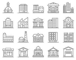 Wall Mural - City Building Sign Contour Linear Icon Set. Vector