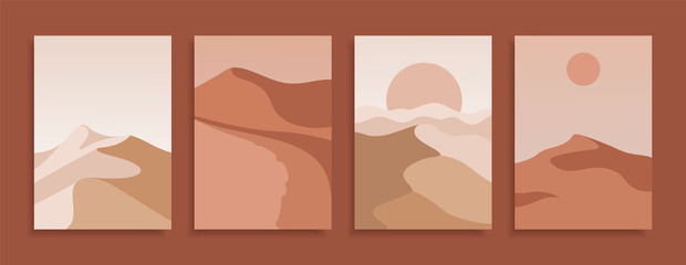 Set of modern covers in terracotta colors. Collection of Desert landscape backgrounds. Vector design template.