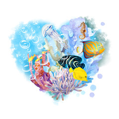 Wall Mural - Abstract heart of a blue water with air bubbles, underwater reef with seaweed, coral, seahorse, emperor angelfish, blue-ringed angelfish, yellow tang and jellyfish. Watercolor.