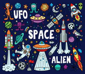 Wall Mural - hand drawn doodles cartoon set of space objects and symbols. color doodle space elements on dark blu