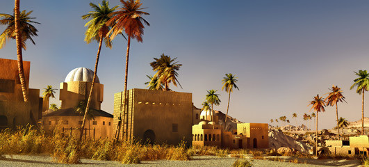 Wall Mural - Arabic small town on desert, 3d rendering