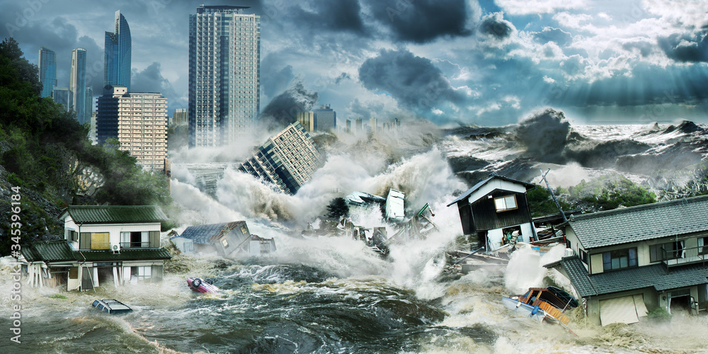 Big tsunami flooding wave destroy city with skyscrapers near ocean - obrazy, fototapety, plakaty 