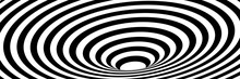 Vector Abstract Illustration Of Vortex With Stripes. Trendy 3d Background In Op Art Style, Optical Illusion. Long Horizontal Banner
