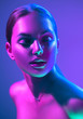 © Subbotina Anna - High Fashion model woman in colorful bright neon lights posing in studio, night club. Portrait of beautiful girl in UV. Art design colorful make up. On colourful vivid background,