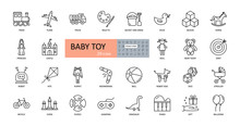 Vector Baby Toy Icons. Editable Stroke. Cars, Dolls, Robots. Princess Castle, Teddy Bear Horse Duck. Toys For Children Of Different Ages, For Boys And Girls