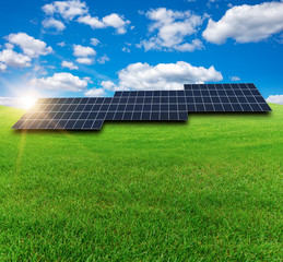  Solar electric panels in the green field.