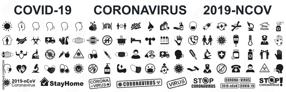 Set corona virus icons. Concept with symptoms and protective antivirus icons related to coronavirus, 2019-nCoV, COVID-19 – stock vector - obrazy, fototapety, plakaty 