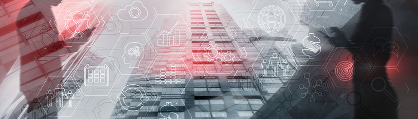Wall Mural - composite image of various icons on an abstract background of a city and silhouettes of people.