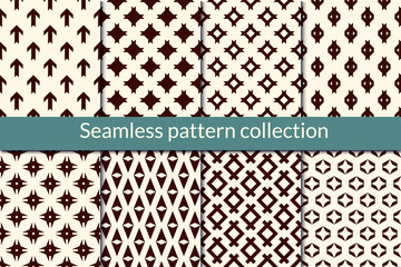 Minimal geometric seamless pattern collection. Simple geo design background set. Mini star, diamond, arrow print kit