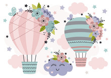Cute Poster With Hot Air Balloon Cloud And Flowers
 -  Vector Illustration, Eps