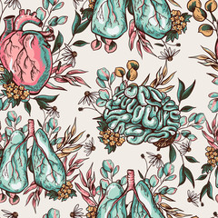 Vector human lungs, heart, brain with flowers seamless pattern