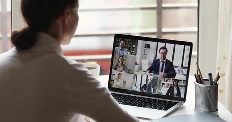 Wall Mural - female office worker working from home video conferencing businesspeople group communicate during vi