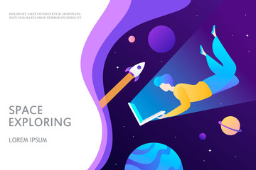 Wall Mural - man flies in space and looks into a laptop. remote work and new technologies. vector illustration. t