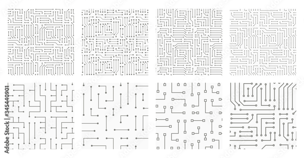 Collection of 8 seamless monochrome electronic pattern. Vector ...