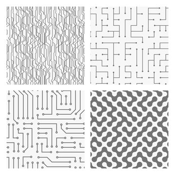 Collection of 4 seamless monochrome electronic pattern. Vector illustrations of circuit board. Cyber high-tech textures.