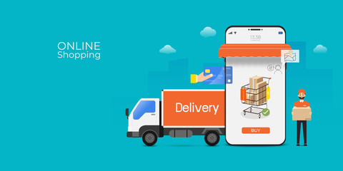 Poster - Online shopping and delivery service with mobile application technology. Digital marketing and e-commerce. vector illustration