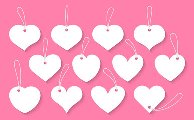 Poster - Hearts paper cut vintage labels tag with cord set. Sign of Valentines day sale shopping price tags with rope. Empty template for text box of different shape with shadow. Isolated vector illustration