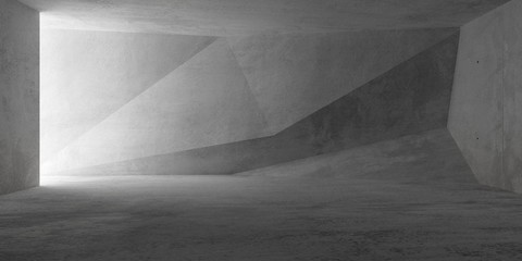 Wall Mural - Modern concrete empty room with polygonal triangle abstract backwall lit from left - gallery or product showcase template, 3D illustration