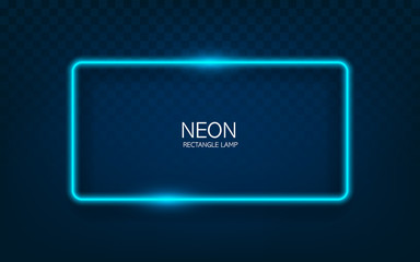 Poster - Neon rectangle lamp wall sign isolated on transparent background. Vector blue power glowing bulb banner, light line or neon frame for your design.