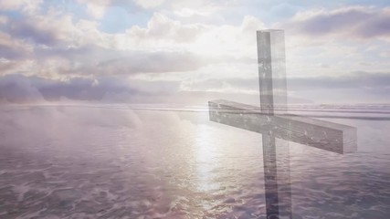 Wall Mural - Animation of a Christian cross over moving clouds and the sea