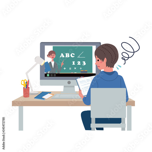 オンライン授業 パソコン 授業 イラスト 男の子 困る表情 Vettoriale Stock Adobe Stock