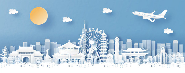 Fototapete - Panorama view of Guangzhou, China with temple and city skyline with world famous landmarks in paper cut style vector illustration