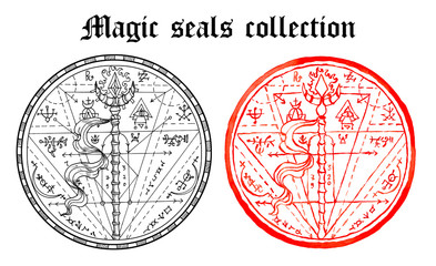 Sticker - Design set of magic seals with wand and mystic symbols isolated on white.