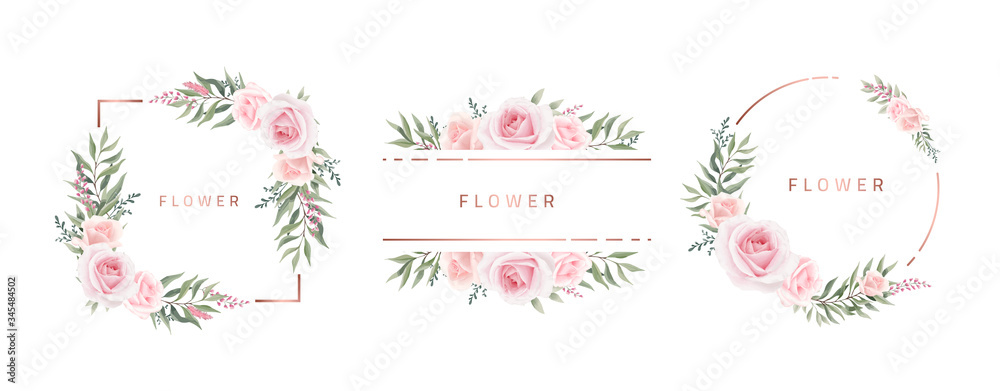 Watercolor flower frame Rose Eucalyptus. Template wedding invitation card. Rose metallic frame. - obrazy, fototapety, plakaty 