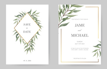 Wall Mural - Green Eucalyptus Leaf Wedding Invitation, White Background, Gold Frame, Minimalist Design.