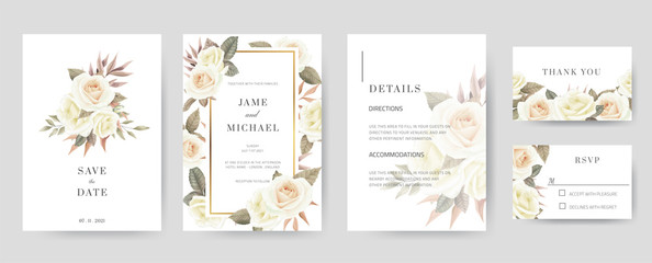 Wall Mural - Wedding invitation card template consists of save the date, thank you, rsvp, details. Hand-painted white roses and watercolor. Vintage and minimal card set.