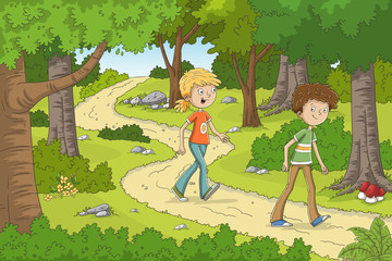 Two children are walking through the forest. Hand drawn vector illustration with separate layers.