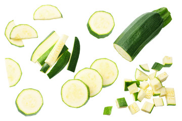 fresh green zucchini with slices isolated on white background. top view