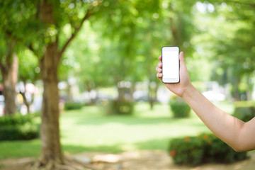 A man is holding cell phone on green
