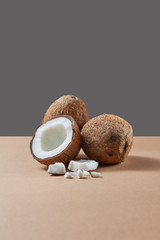 Wall Mural - Fruit set from natural exotic coconuts on a duotone background.