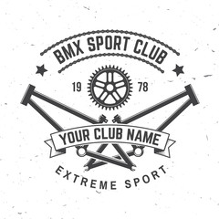 Wall Mural - Bmx extreme sport club badge. Vector. Concept for shirt, logo, print, stamp, tee with frames, chain. Vintage typography design with bmx frames, sprocket silhouette.