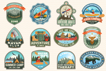 Wall Mural - Set of summer camp, canoe and kayak club badges. Vector. Concept for patch. Retro design with camping, mountain, river, american indian and kayaker silhouette. Extreme water sport kayak patches